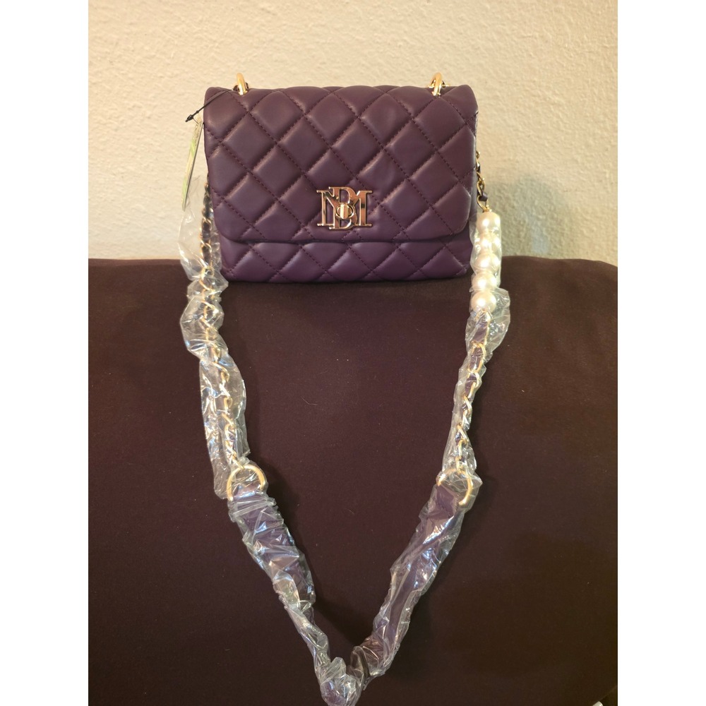 Badgley Mischka Purple Quilted Crossbody Bag Pearl Chain Gold Logo Handbag NEW